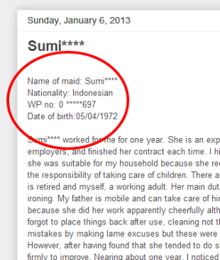 A blog post on Employers' Nightmares that reveals the biodata of a domestic helper.