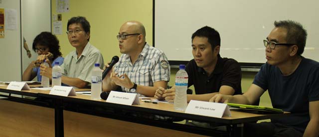The panel comprised (L-R) Braema Mathi (Maruah), Russell Heng (TWC2), Siew Kum Hong (Maruah/moderator), Jolovan Wham (Workfair) and Vincent Law (Healthserve)